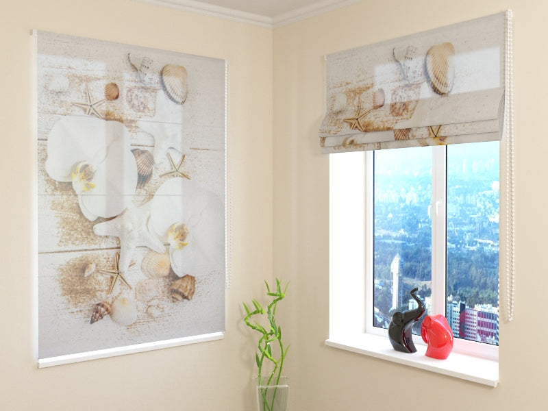 Roman Blind Elegant Seashells and White Orchids