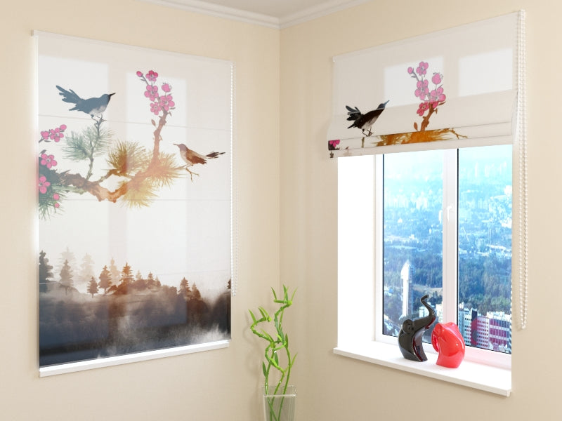Roman Blind Oriental Birds on a Tree Branch