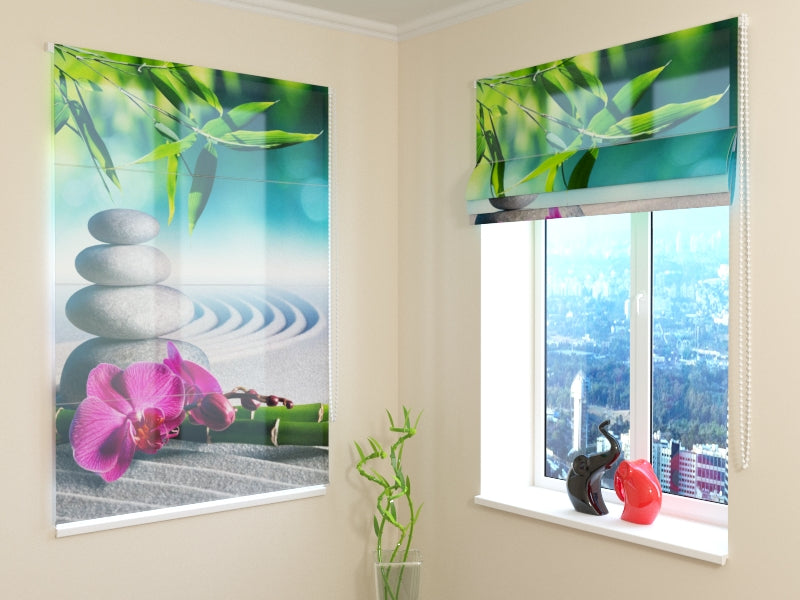 Roman Blind Pink Orchids in a Zen Garden