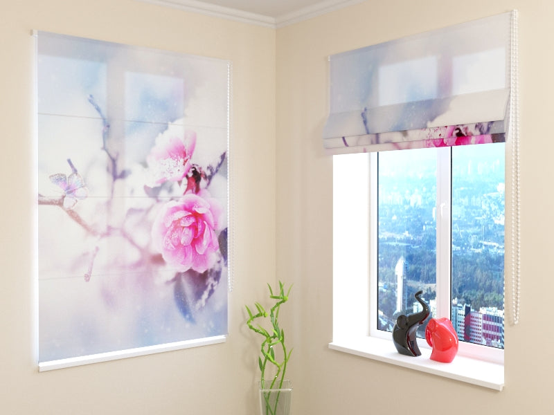 Roman Blind Roses and Butterfly in the Snow