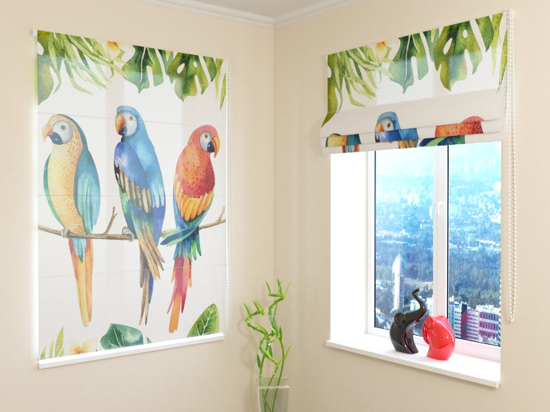 Roman Blind Watercolor Plants and Parrots