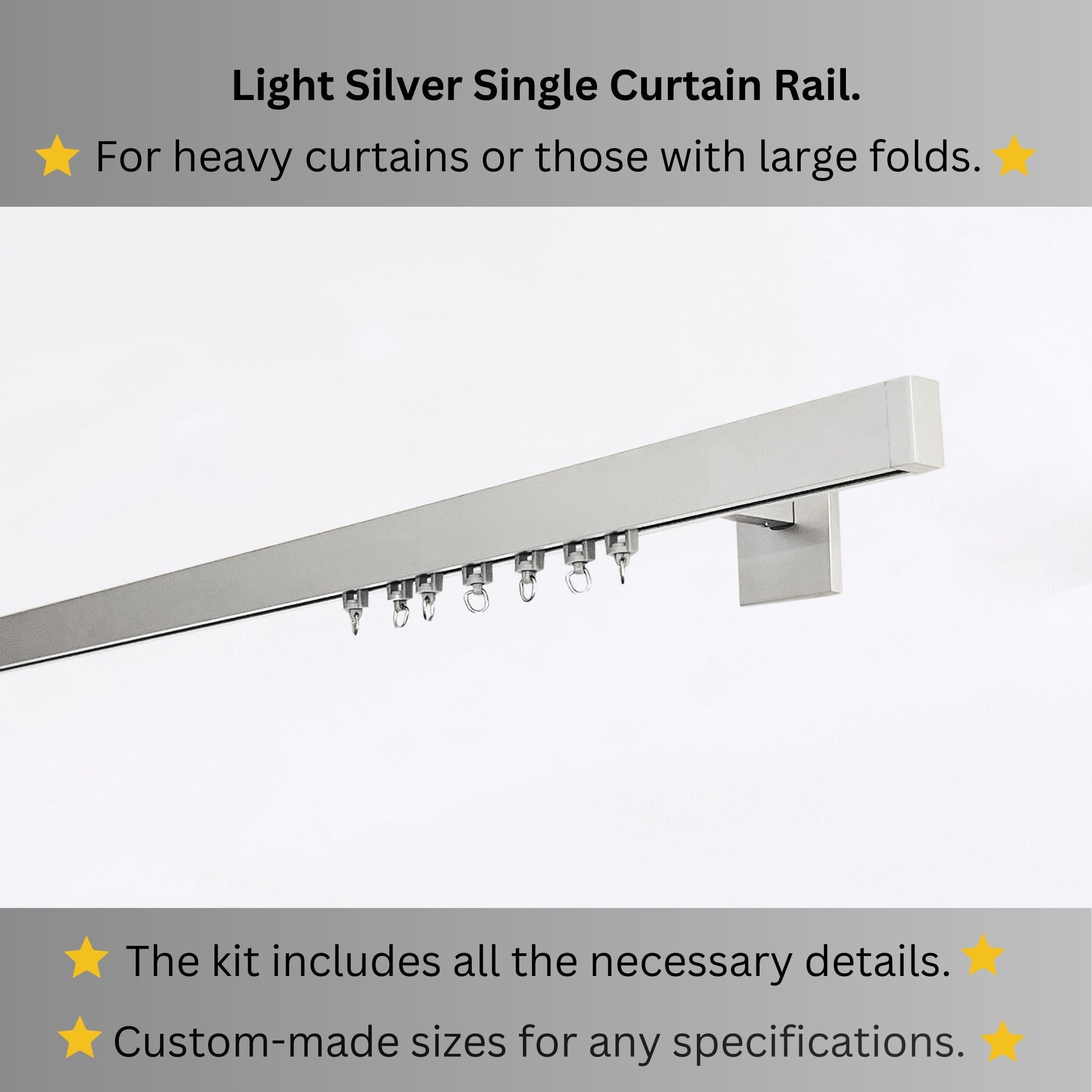 Silver Single Curtain Rail: Custom Sizes, Premium Wall-Mount Heavy-Duty Rail for Curtains, Blinds, and Sheers