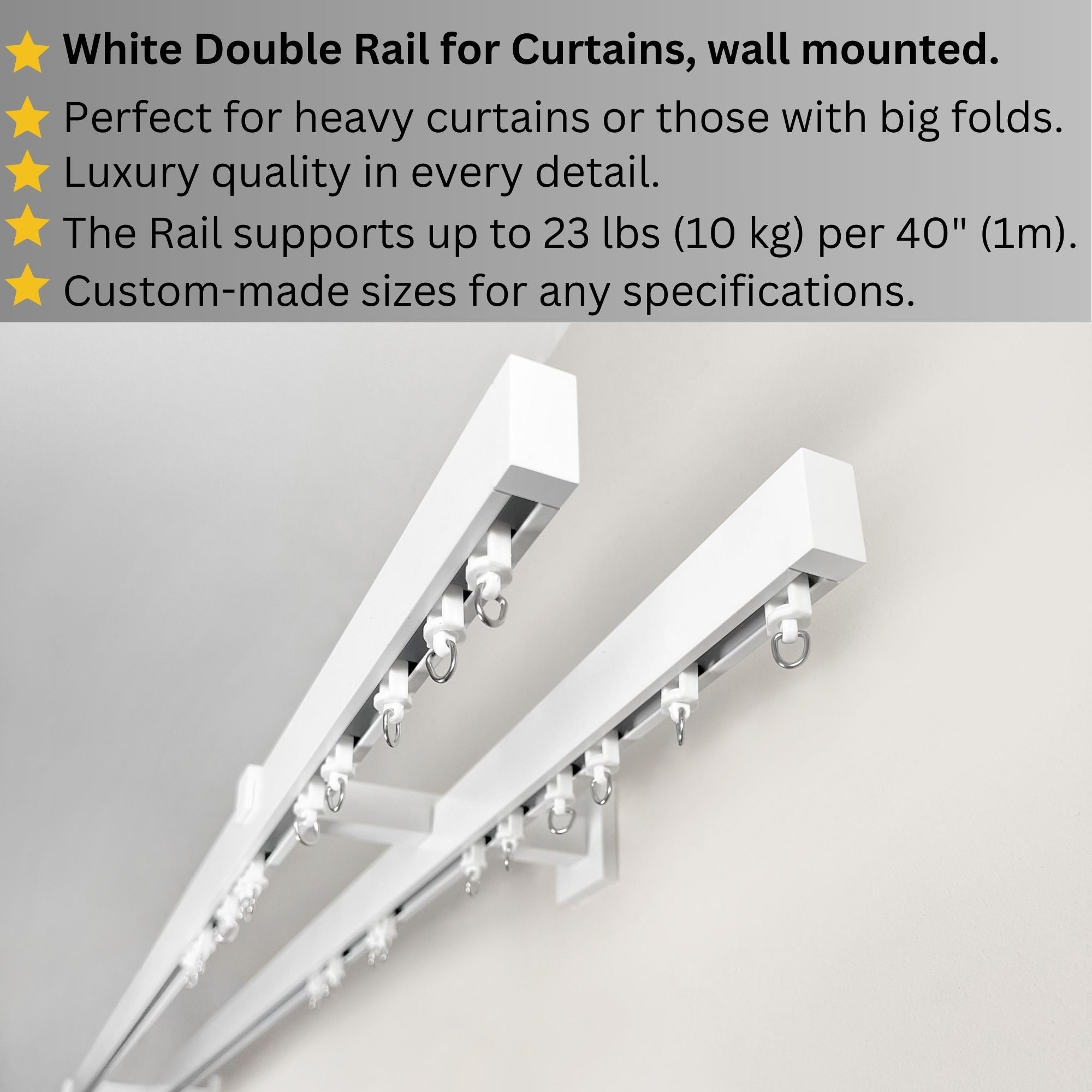 White Double Curtain Rail: Custom Sizes, Decorative 2-track Rail for Curtains, Sheers, and Blinds, Wall-Mount Double Track