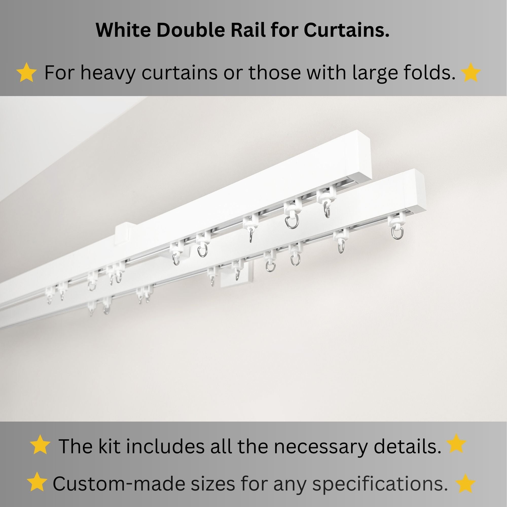 White Double Curtain Rail: Custom Sizes, Decorative 2-track Rail for Curtains, Sheers, and Blinds, Wall-Mount Double Track