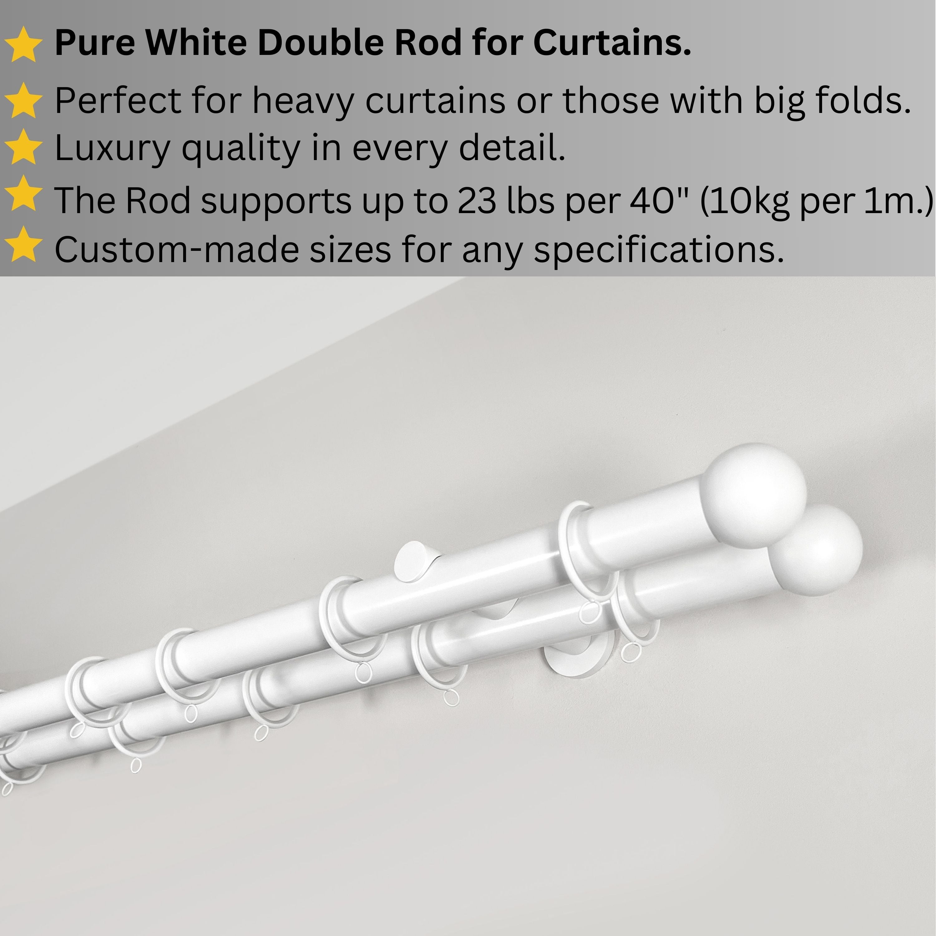 White Double Curtain Rod: Custom Sizes, Decorative Double Pole for Curtains, Sheers, and Blinds, Wall-Mount Poles