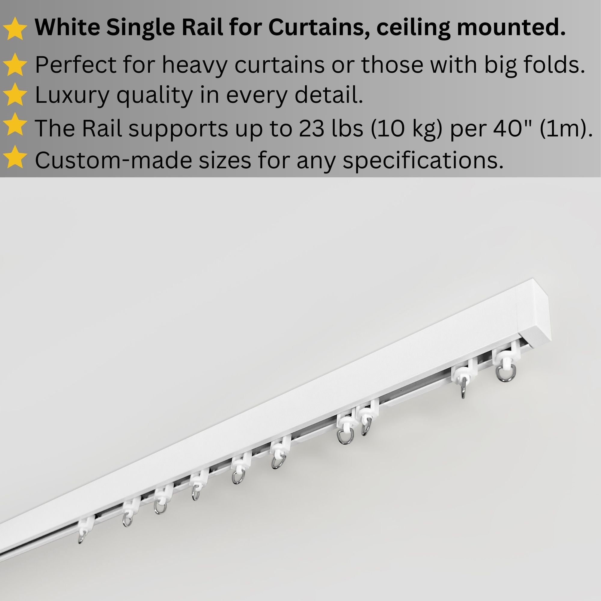 Single White Curtain Rail: Custom Sizes, Decorative Single Rail for Blinds, Curtains, and Sheers, Premium Ceiling-Mount Track