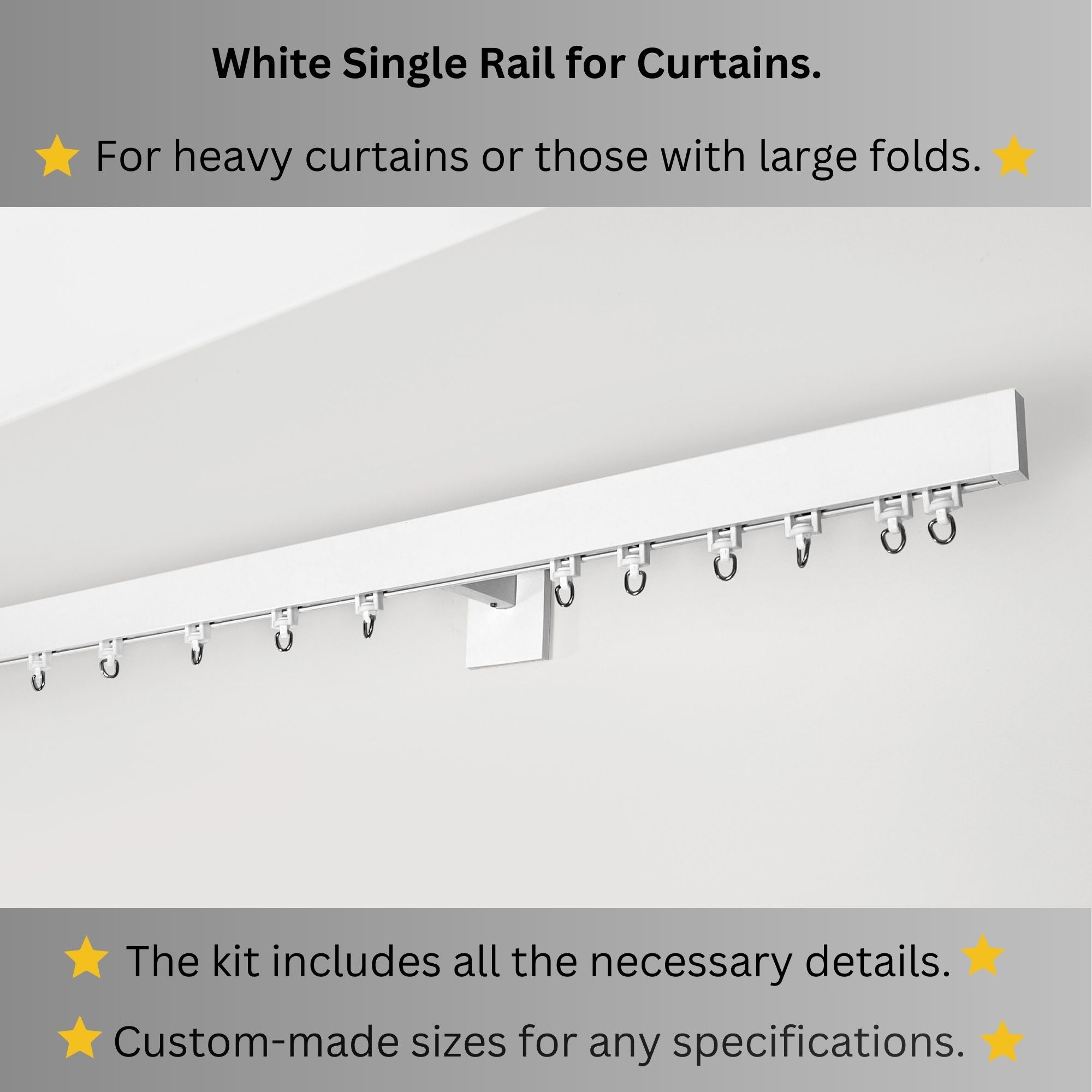 White Single Curtain Rail: Custom Sizes, Decorative Single Rail for Curtains, Sheers, and Blinds, Wall-Mount Single Track