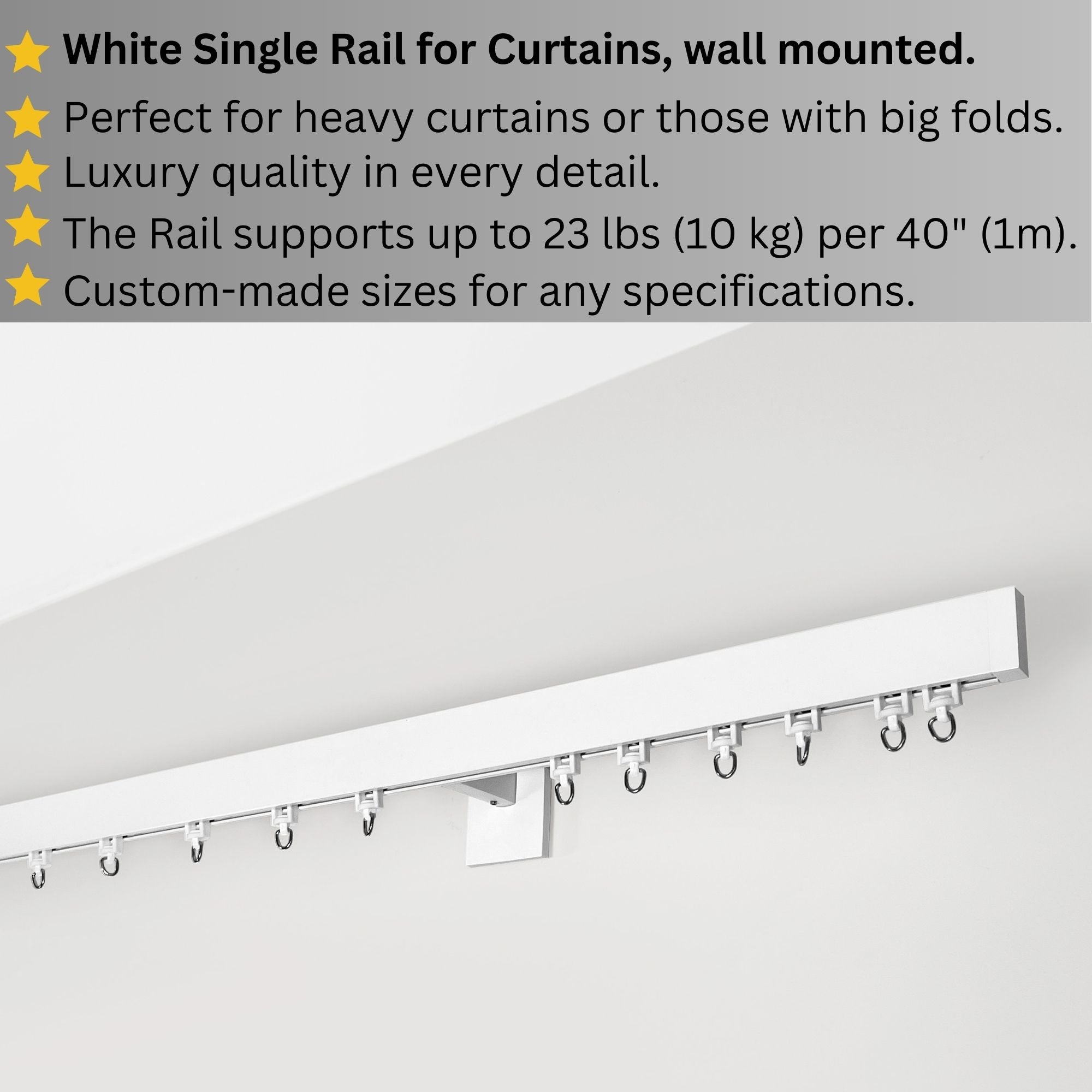 White Single Curtain Rail: Custom Sizes, Decorative Single Rail for Curtains, Sheers, and Blinds, Wall-Mount Single Track