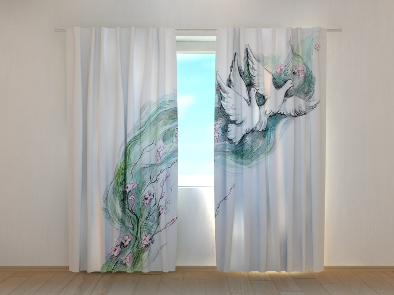 Photo Curtain Amazing Watercolors Doves and Flowers
