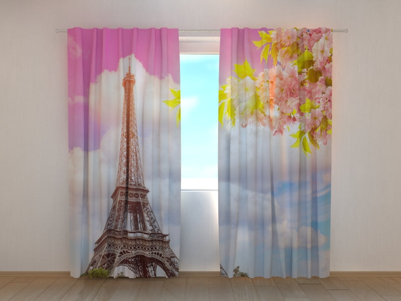 Photo Curtain Blossoming Spring Cherry and Eiffel Tower