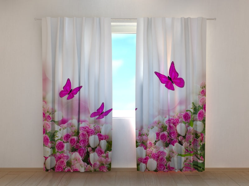 3D Curtain Crimson Butterflies and Flowers - Wellmira