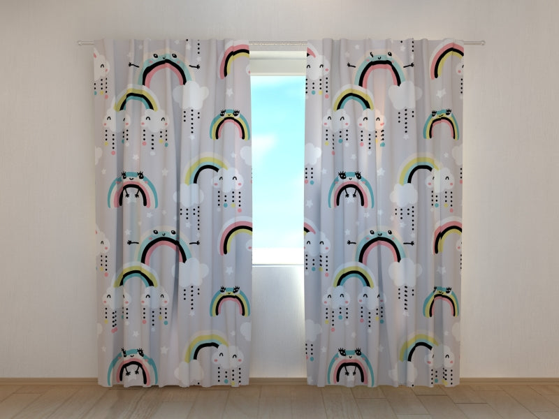 Photo Curtain Cute Rainbow and Clouds with Eyes