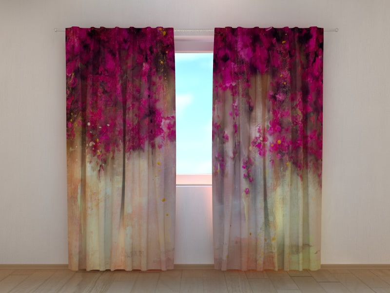 Photo Curtain Drawing of Crimson Flowers on Gold