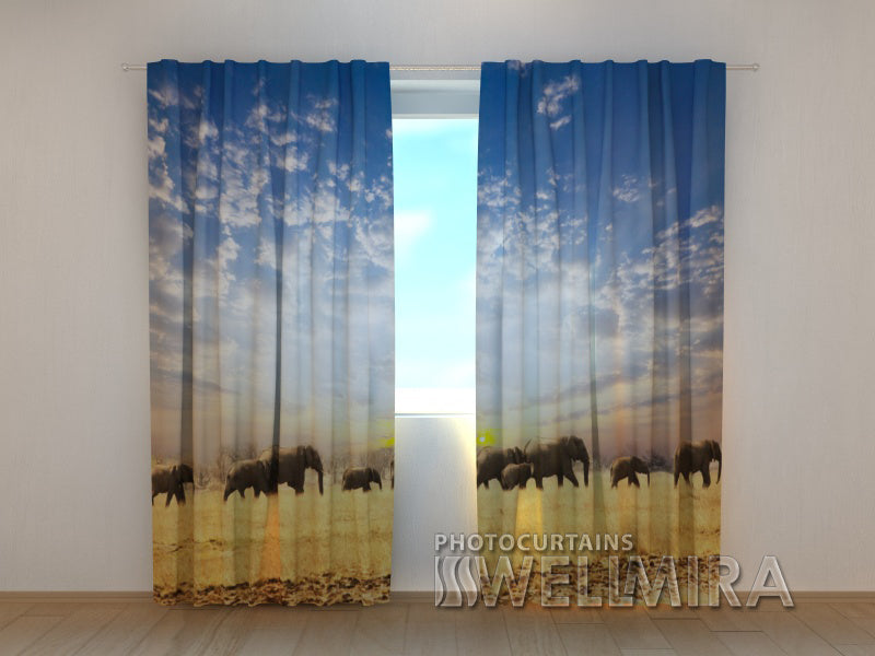 3D Curtain Elephants in Savannah - Wellmira