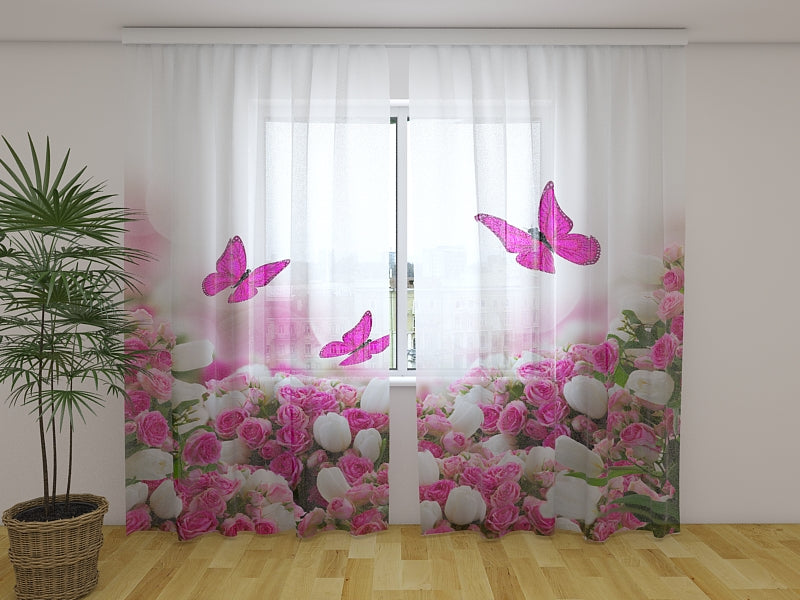 3D Curtain Crimson Butterflies and Flowers - Wellmira