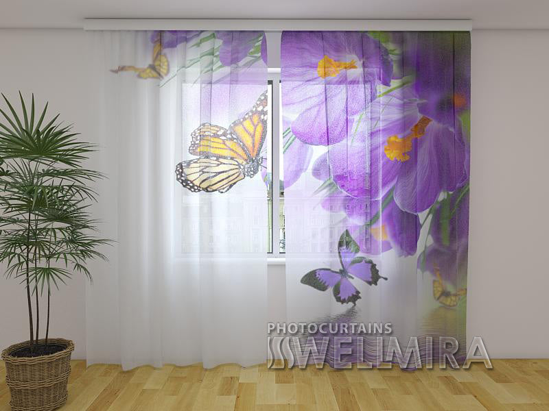 Photo Curtain Crocuses and Butterflies - Wellmira