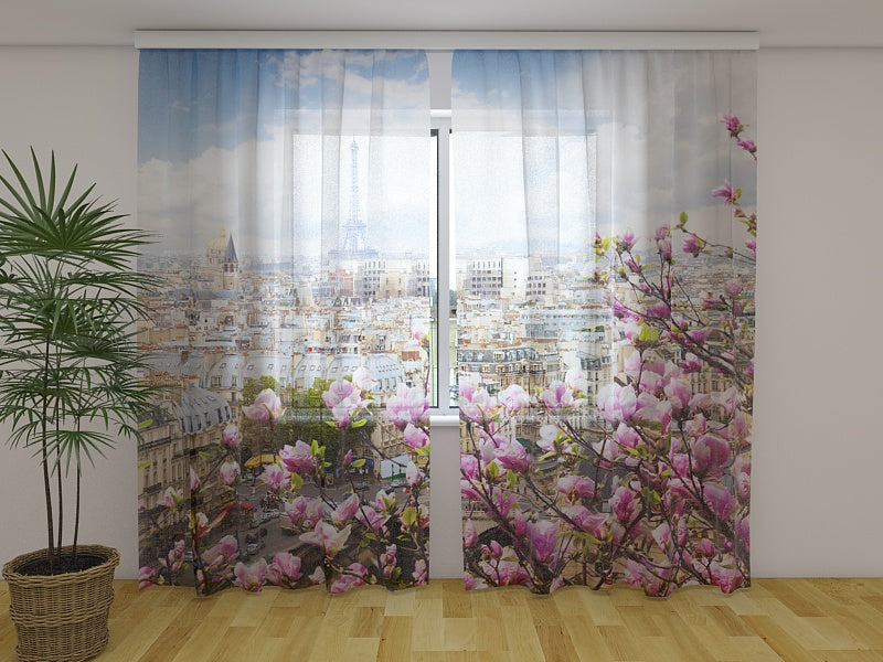 Photo Curtain Eiffel Tower with Blooming Magnolia