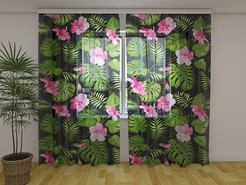 Photocurtain Tropical Flowers on the Black - Wellmira