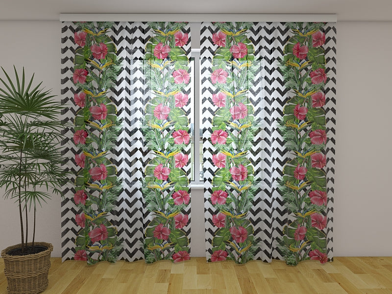 Photocurtain Tropical Leaves and Hibiscus Flowers - Wellmira