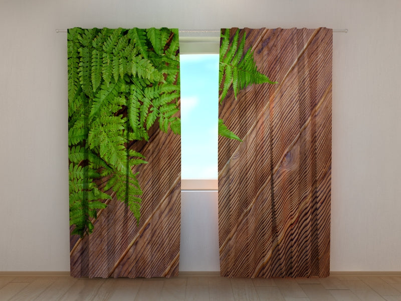 Photo Curtain Fern Leaves on Brown Oak Wood