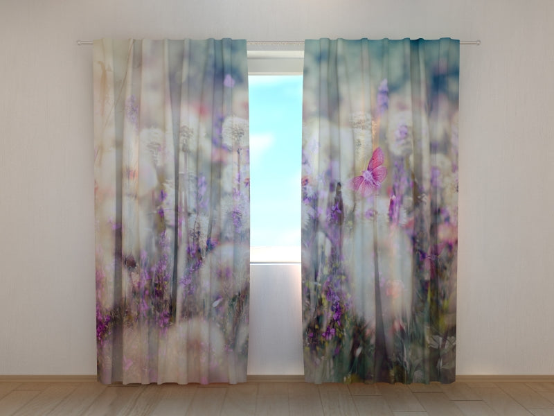 Photo Curtain Fluffy Dandelions and Purple Butterflies