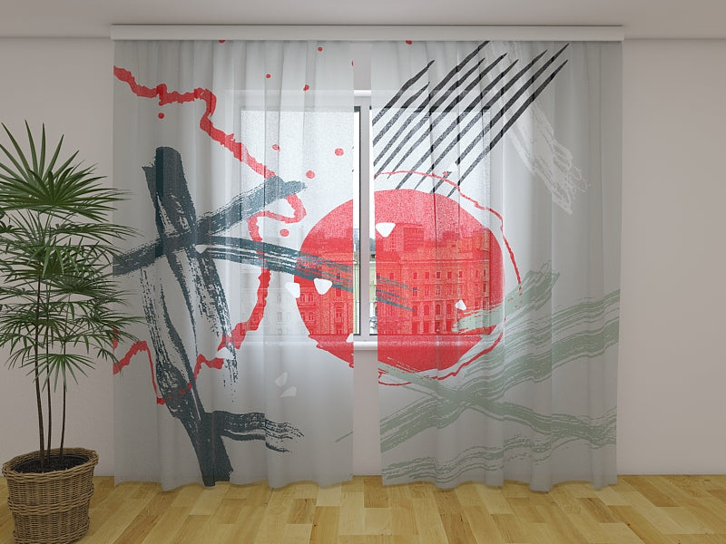 Rideau Photo Abstrait Rouge Chinois Soleil