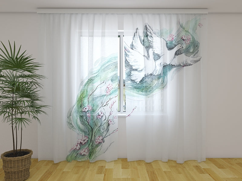Photo Curtain Amazing Watercolors Doves and Flowers