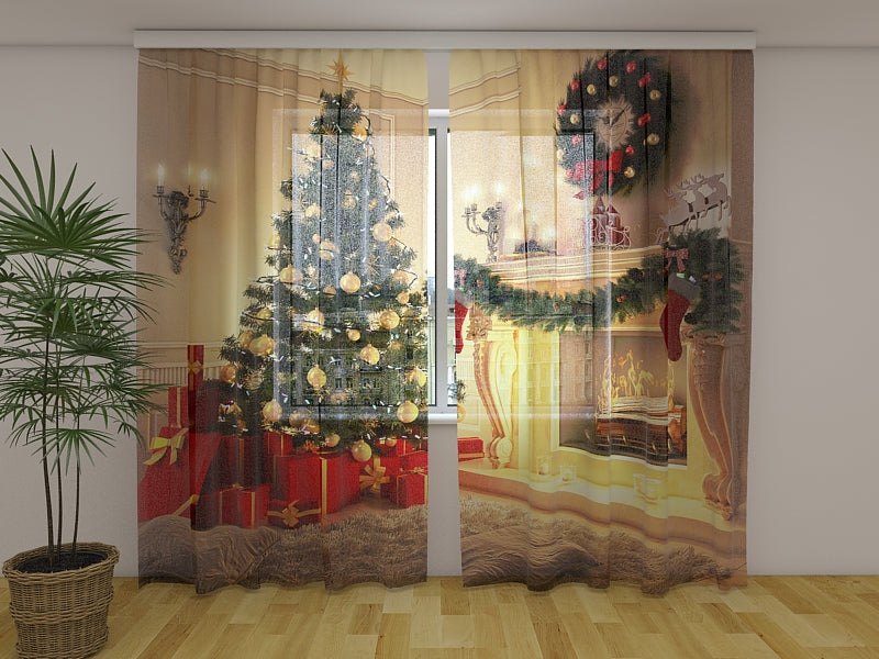 Photo Curtain Beautiful Christmas Tree and Fireplace