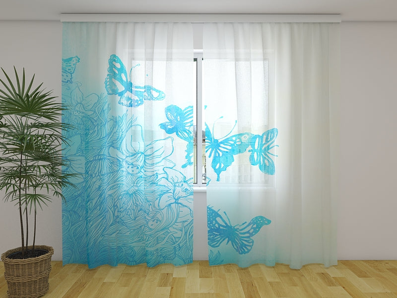 Rideau Photo Bleu Aquarelle Floral et Papillons