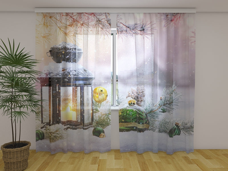 Photo Curtain Christmas Lantern with Fir Branches on Snow