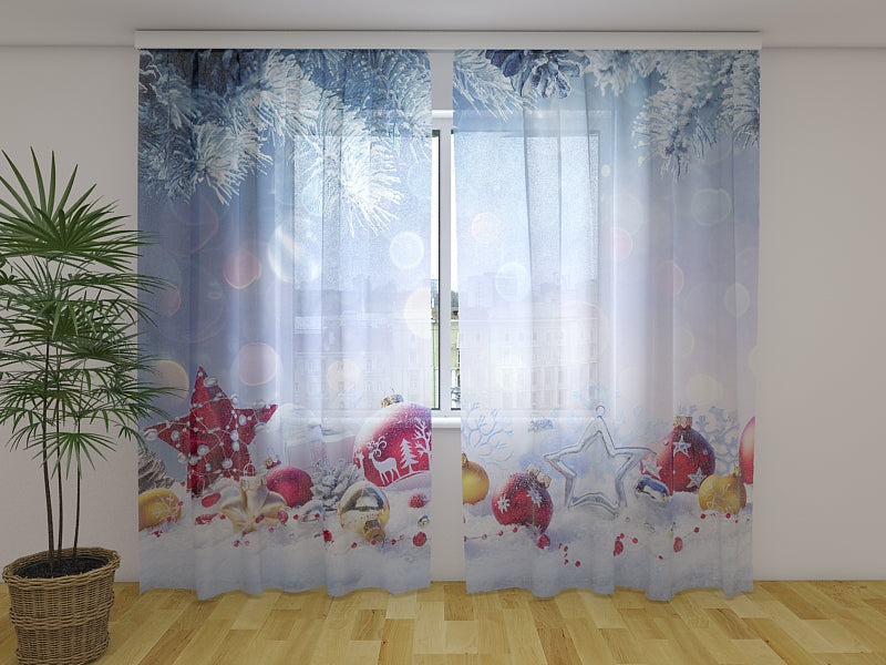 Rideau Photo Noël Rouge et Boules Dorées