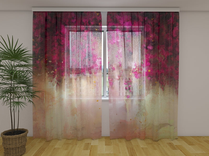 Photo Curtain Drawing of Crimson Flowers on Gold