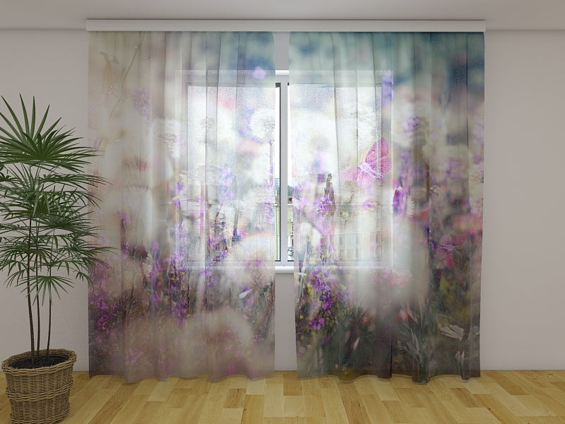 Photo Curtain Fluffy Dandelions and Purple Butterflies