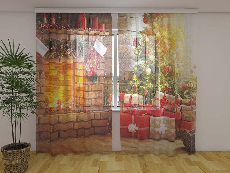 Photo Curtain Glowing Christmas Tree and Fireplace