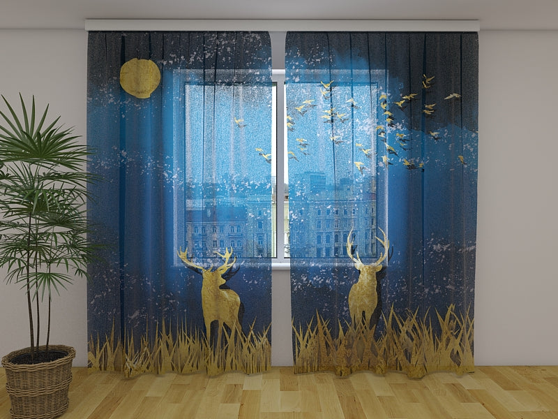 Photo Curtain Golden Deer in the Dark Blue Night