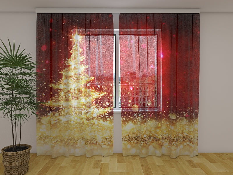 Photo Curtain Golden Shining Christmas Tree