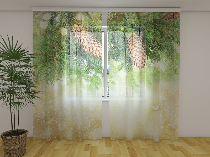 Photo Curtain Golden Xmas Decor with Pine Branch