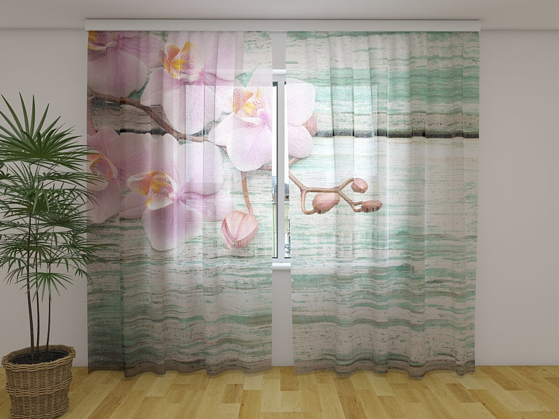 Photo Curtain Lovely Orchids on a Old Blue Wood