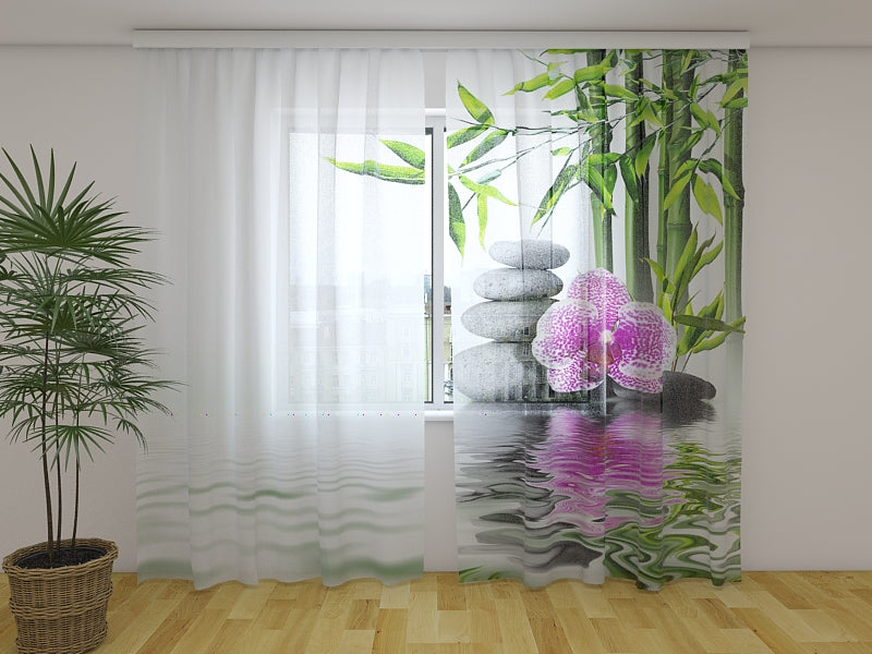 Rideau photo Orchidée Rose avec Bambou et Pierres