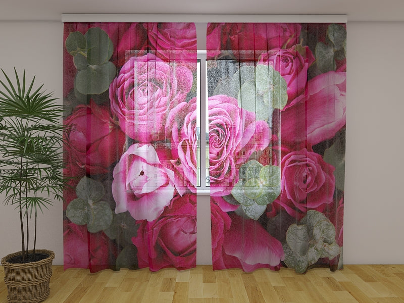 Photo Curtain Pink Roses with Green Branches