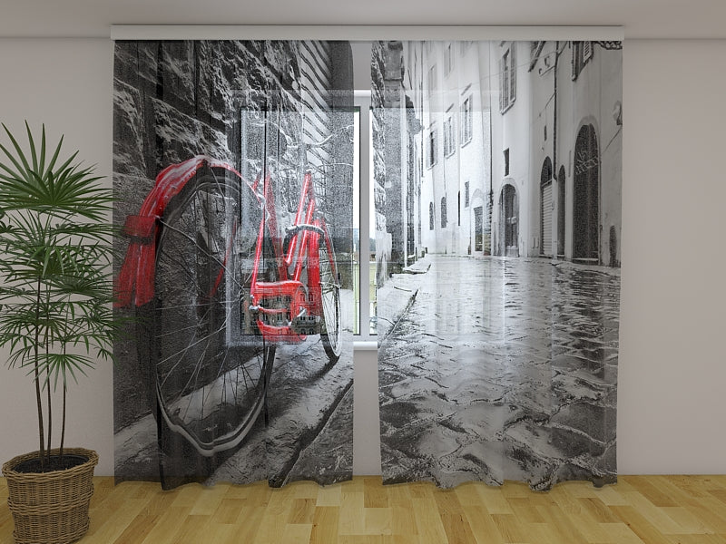 Photo Curtain Red Bike in Black and White City