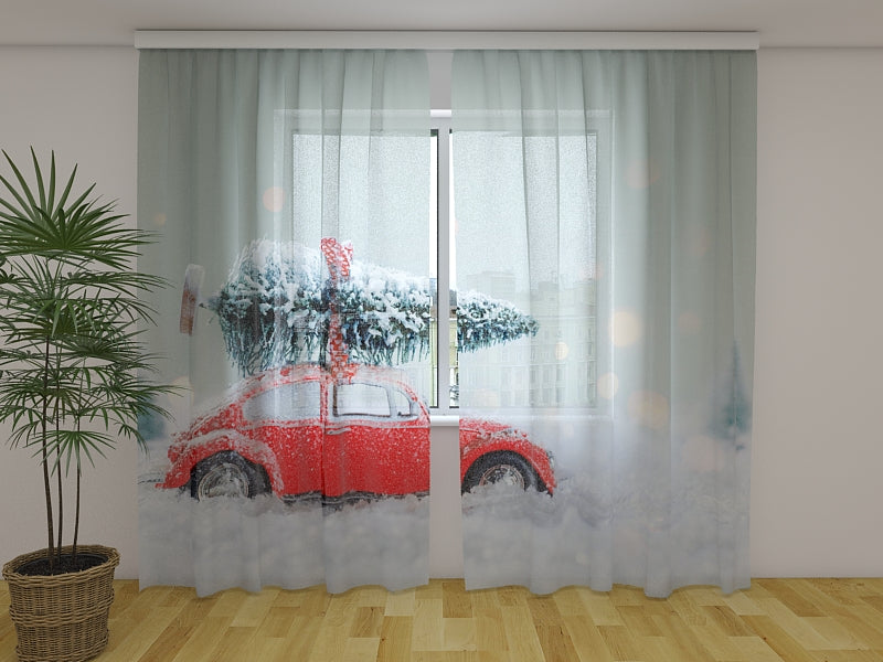 Photo Curtain Red Car with Christmas Tree