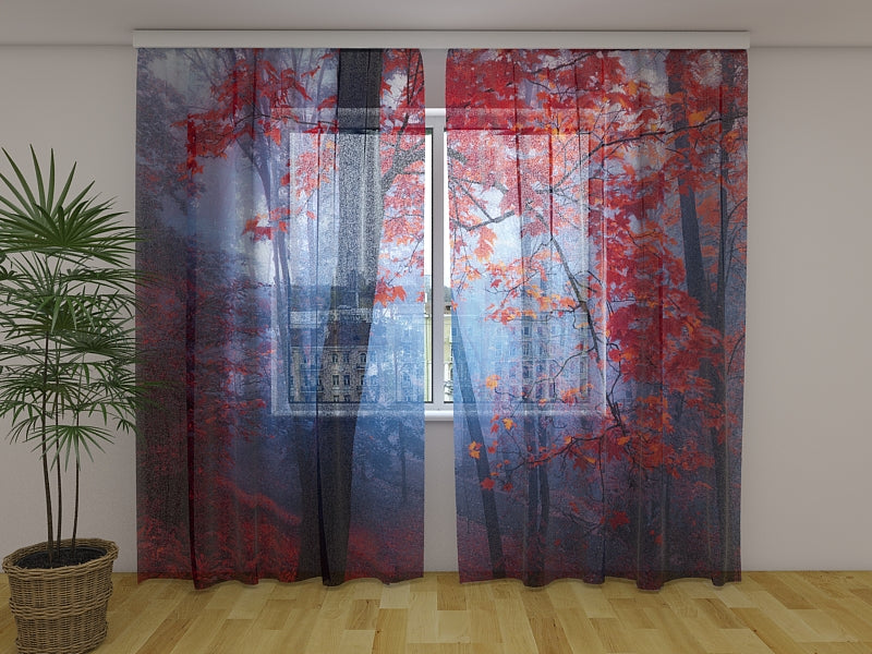 Rideau photo Feuilles rouges dans la brume