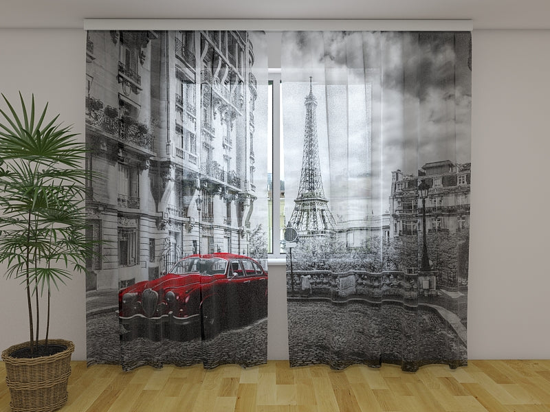 Photo Curtain Red Retro Limousine on the Street of Paris