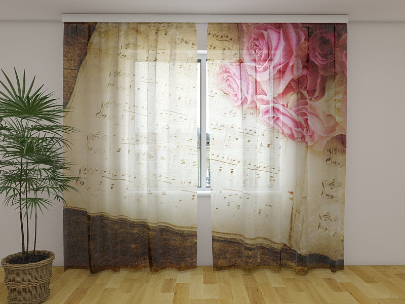 Photo Curtain Roses and Vintage Music Notes
