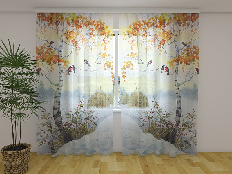 Rideau photo Bouvreuils aquarelles sur le bouleau