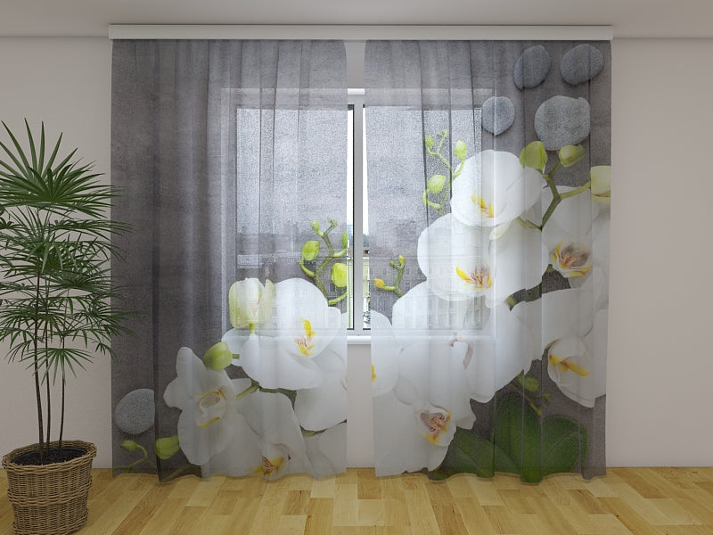 Photo Curtain White Orchids on Gray Marble