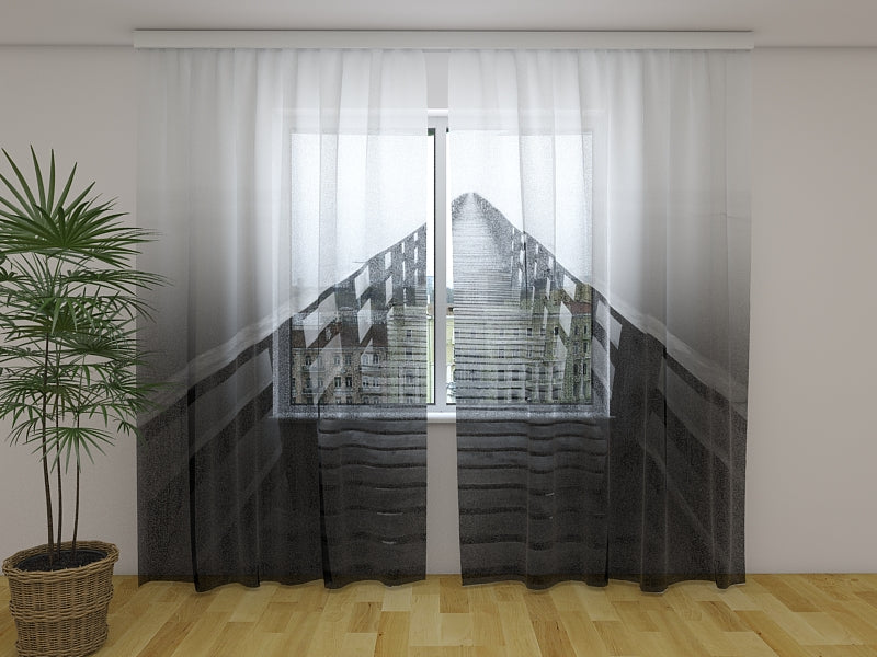 Rideau photo chemin de bois en noir et blanc