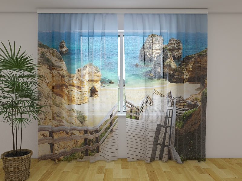 Photo Curtain Wooden Staircase to a Beautiful Beach in the Algarve