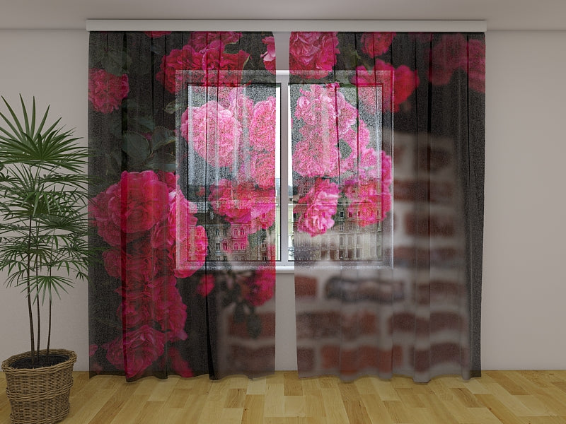 Photo Curtain Bush of Pink Roses on a Brick Wall